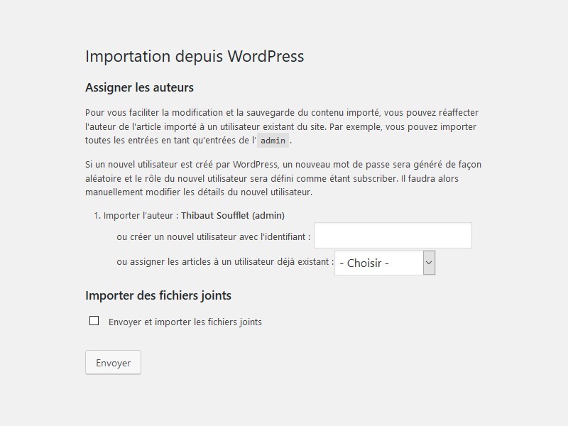 Options d'importation WordPress : auteurs et fichiers joints