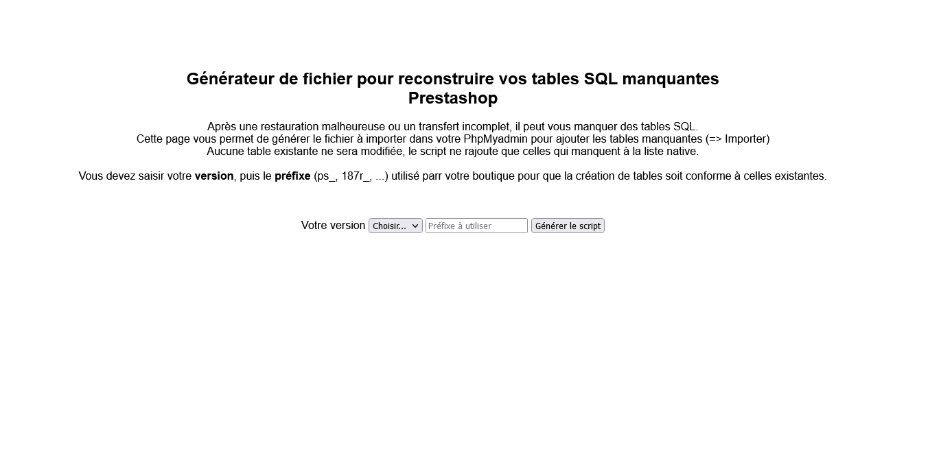 Générateur de fichier pour reconstruire les tables SQL manquantes Prestashop