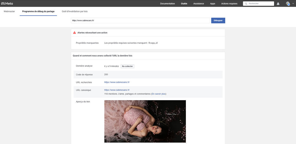 Deboguage Facebook de l'image en page d'accueil du site WordPress