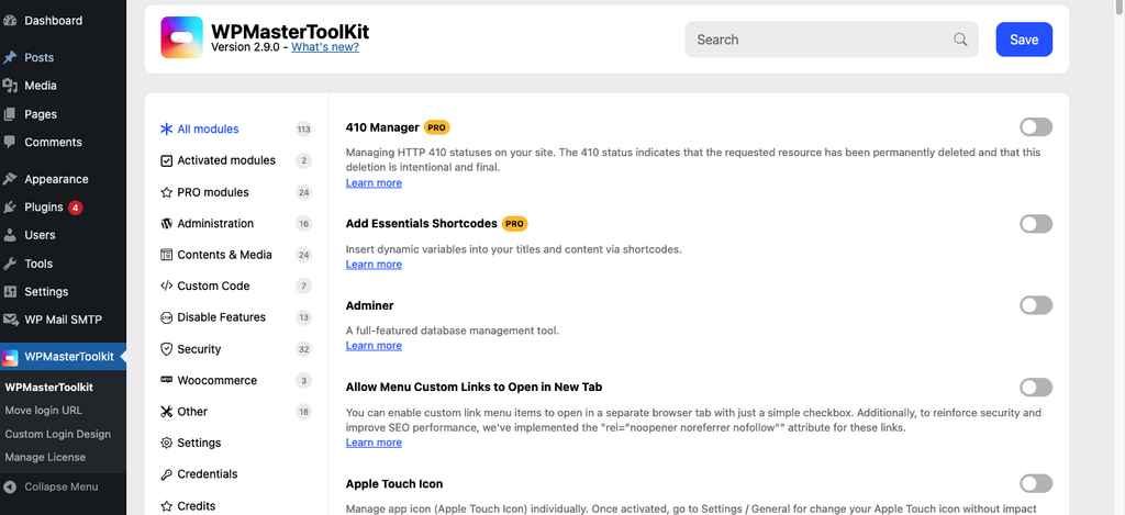 Interface clair et en français de WPMasterToolKit dans WordPress
