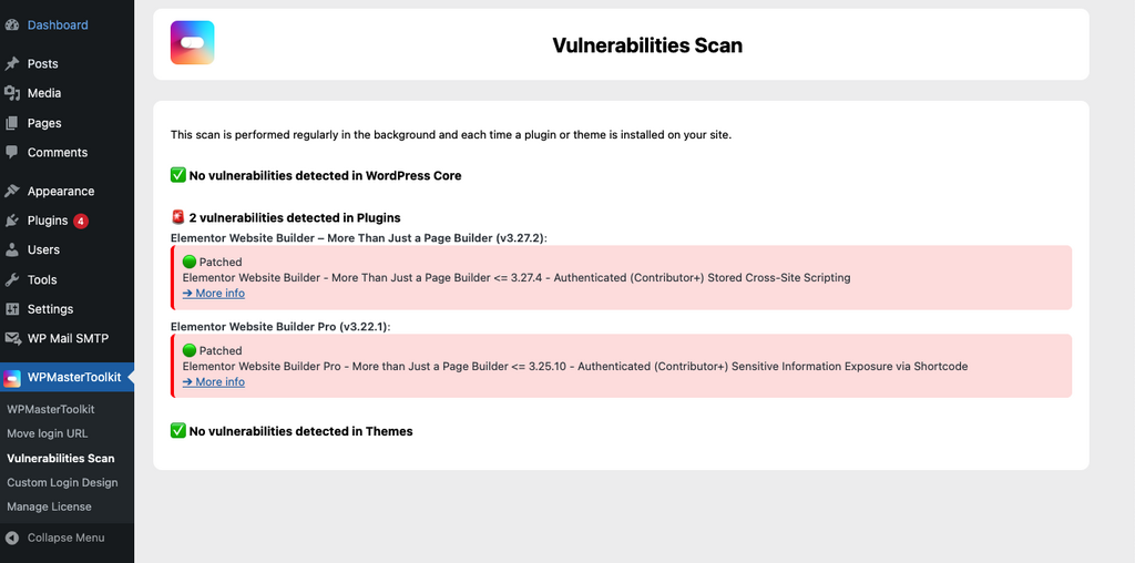 WPMasterToolKit scan de détection des vulnérabilités WordPress