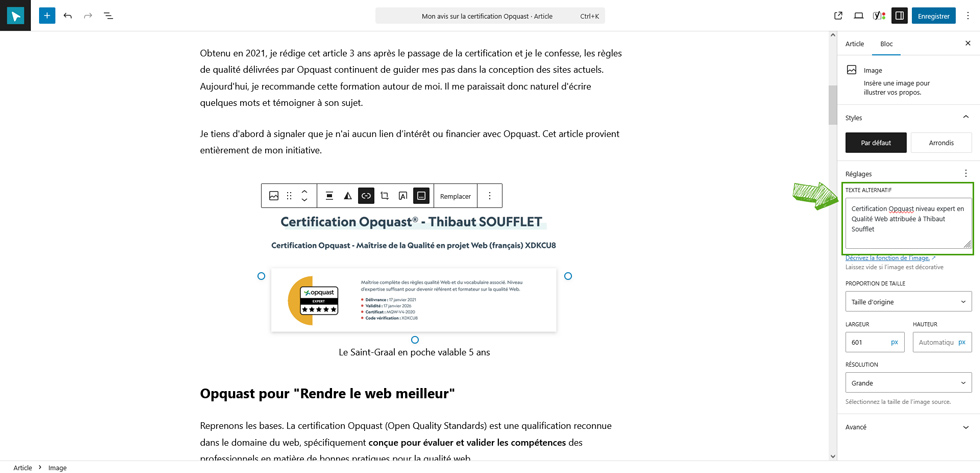 Renseigner le texte alternatif d'une image depuis l'éditeur Gutenberg de WordPress