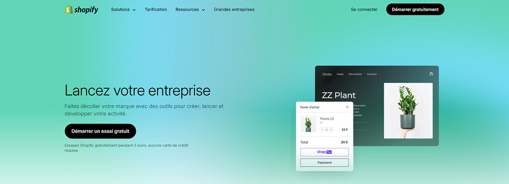 Le site de Shopify met en avant l'accessibilité pour lancer son entreprise en ligne