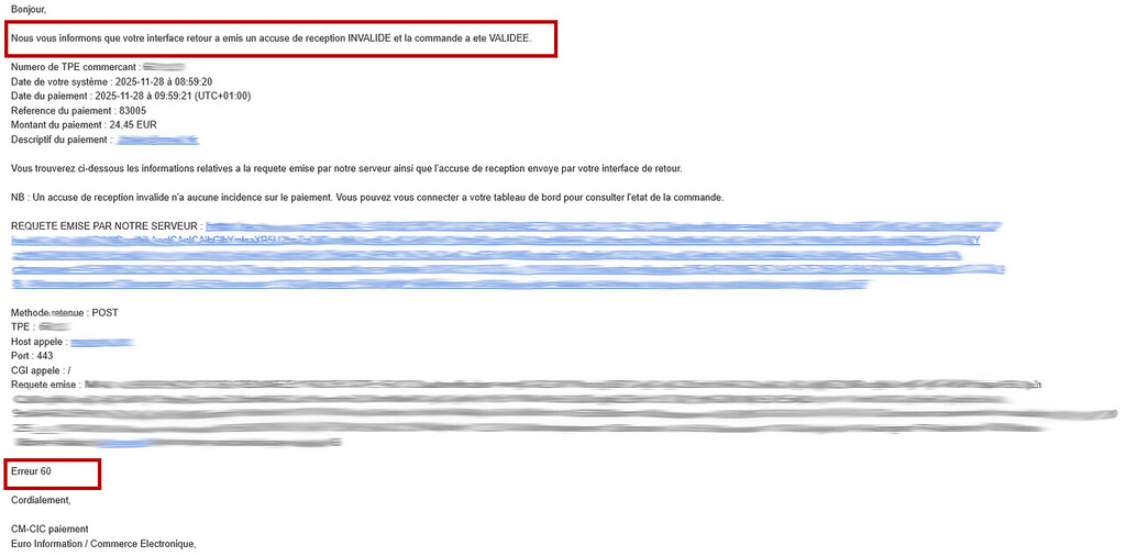 Mail accusé de réception invalide Monetico avec erreur 60 suite à commande en ligne