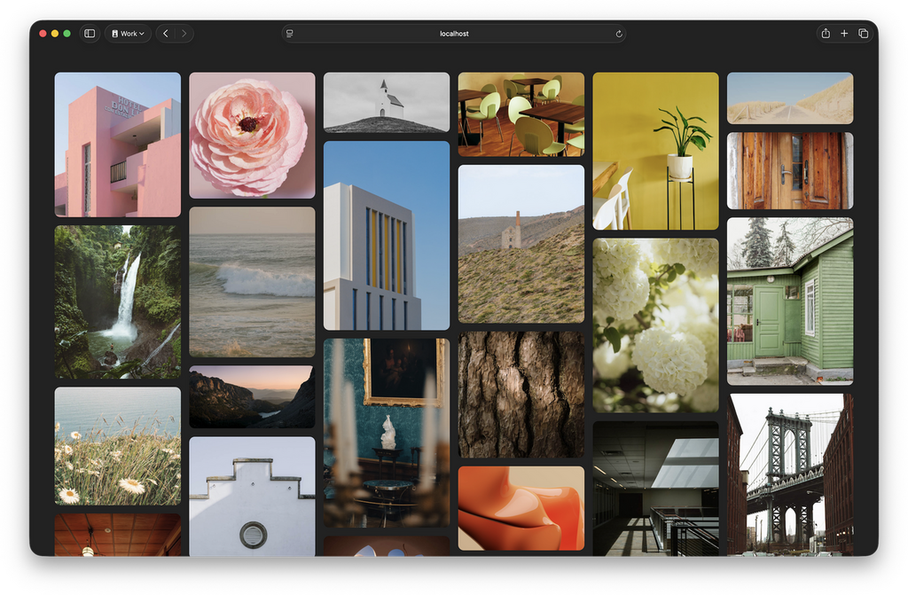 Disposition classique de type Mansonry de photos de différents formats, toutes de même largeur, alignées en six colonnes.