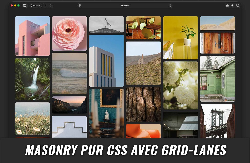 Disposition classique de type Masonry de photos de différents formats, toutes de même largeur, alignées en six colonnes.