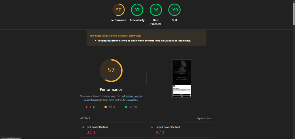 Résultat de performance Lighthouse du site internet de Bugatti
