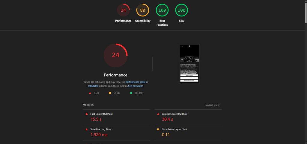 Résultat de performance Lighthouse de 24 pour le site internet de Ferrari