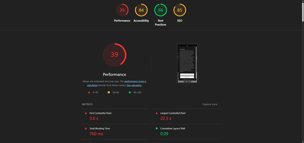 Résultat de performance Lighthouse de 39 pour le site internet de Lamborghini