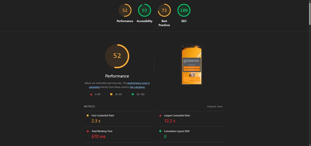 Résultat de performance Lighthouse de 52 pour le site internet de McLaren