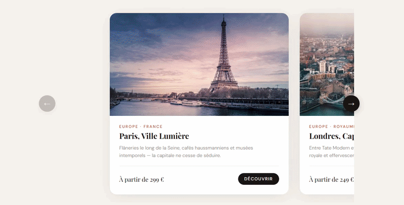 Démo de Carousel élégant réalisé en HTML et CSS sans aucun code JavaScript. Avec la nouvelle propriété CSS scroll-button.