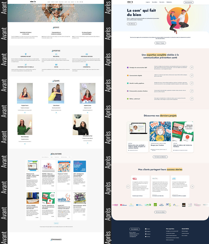 Comparatif avant-après la refonte de la page d'accueil du site de l'agence doo la