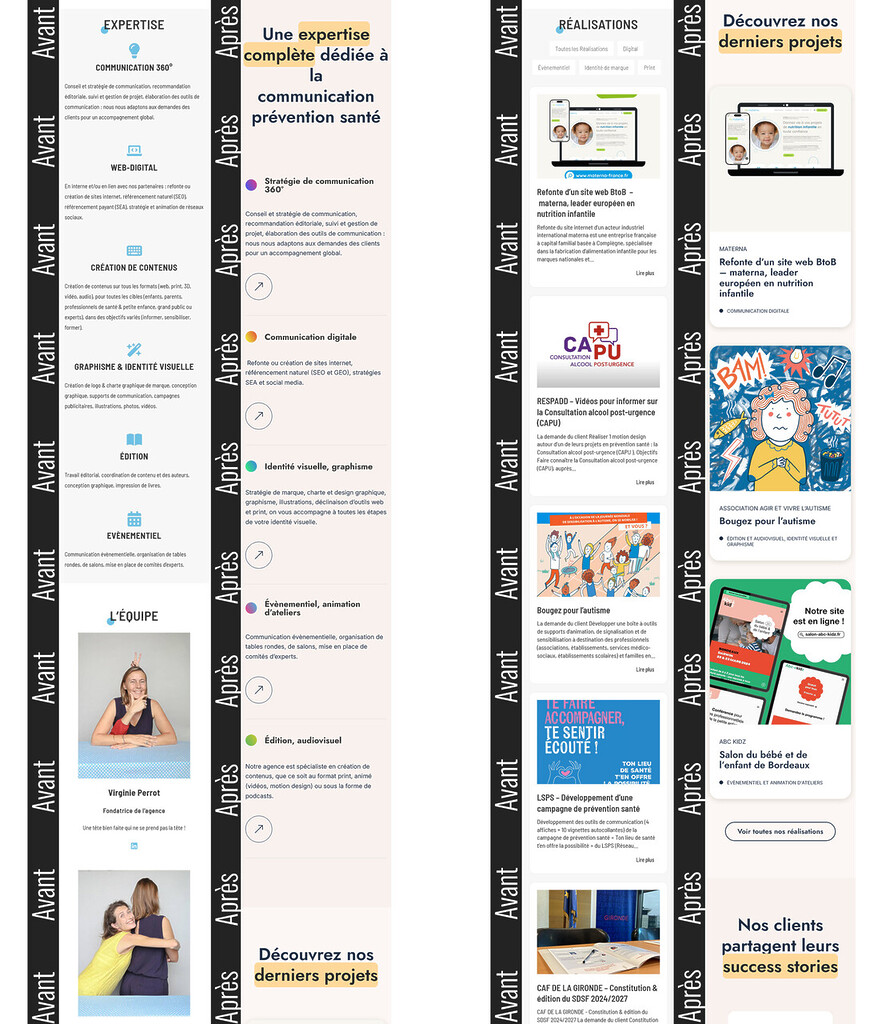 Comparatif avant-après de l'UI sur mobile du site de l'agence doo la