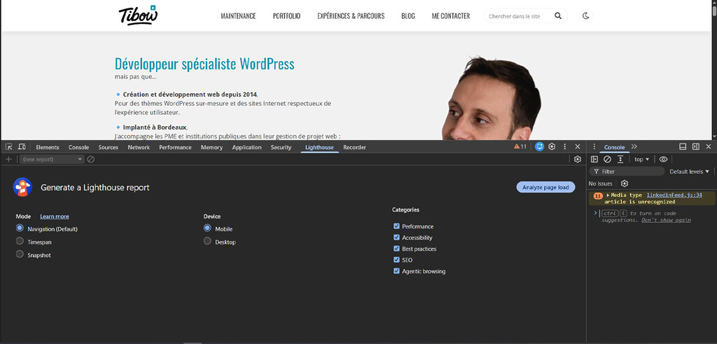 Lancement d'un audit Lighthouse avec la console DevTools de Chrome