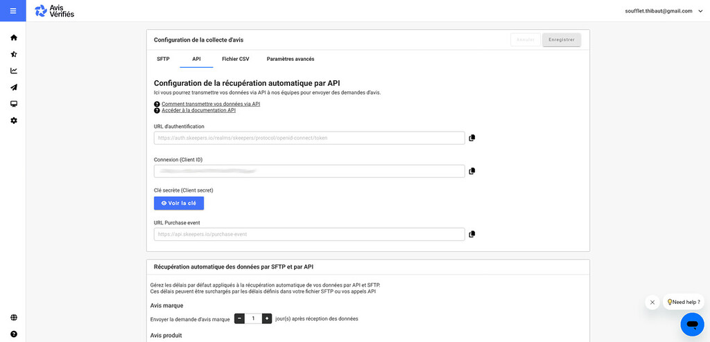Configuration de la collecte d'avis par API dans le back-office d'Avis Vérifiés