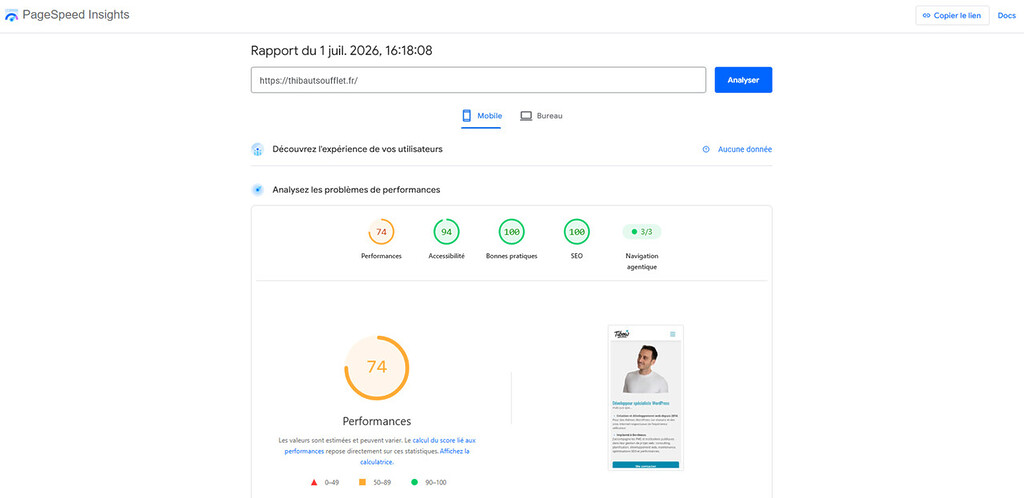 Audit de performance avec PageSpeed Insights qui affiche un score de navigation agentique