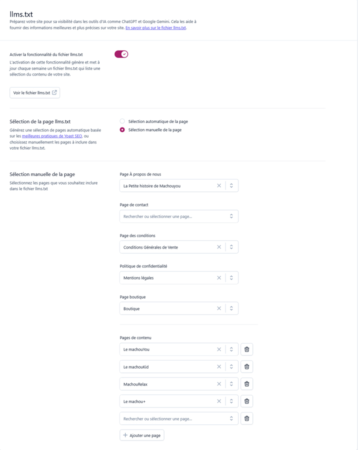 Réglages llms.txt grâce au plugin Yoast SEO